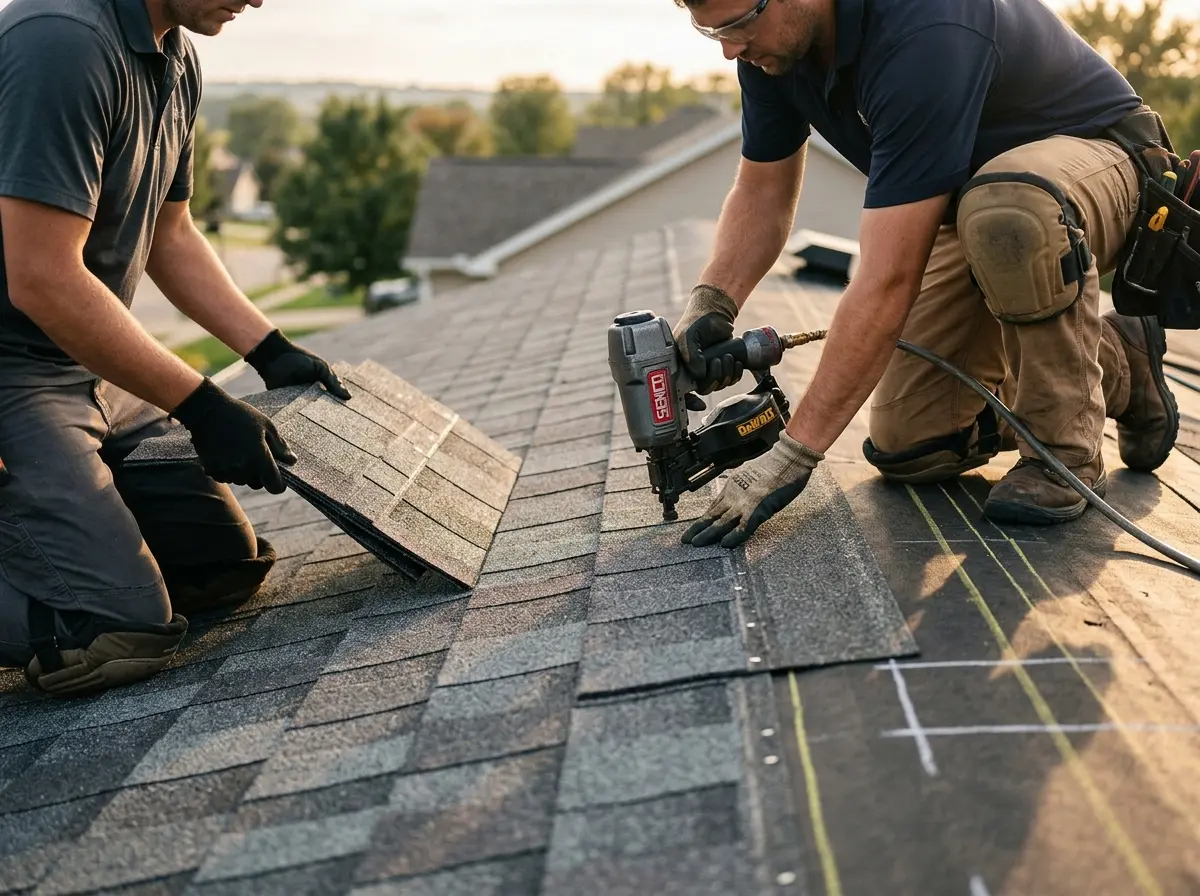 Professional roofer working on a residential roof in La Cresta